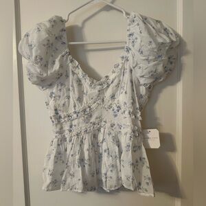 Altar'd State White and Blue Puff Sleeve Peplum Blouse